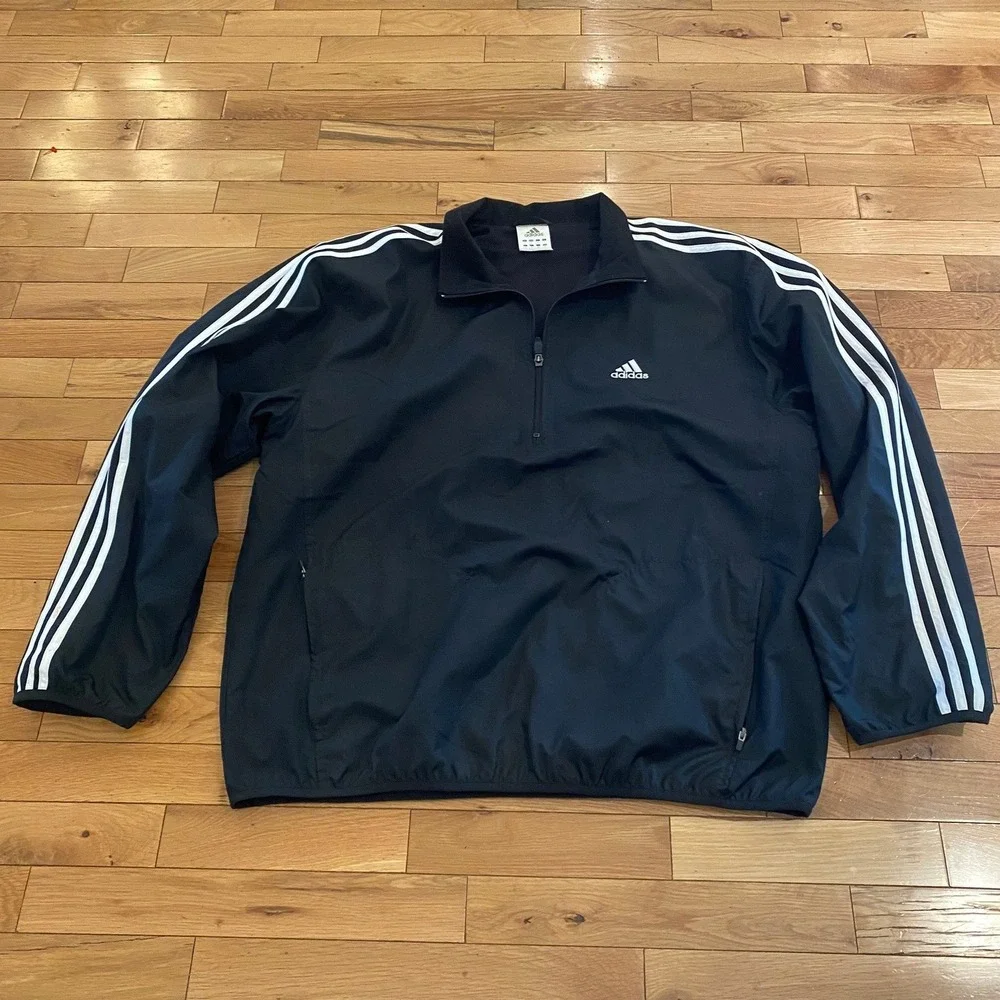 Adidas Womens Quarter Zip Windbreaker Black White Three Stripe Jacket Large